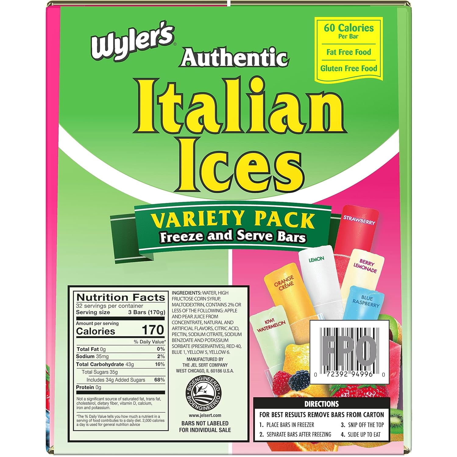 Wyler's Authentic Variety Pack Assorted Fruit Italian Ices, 2 oz, 96 Ct