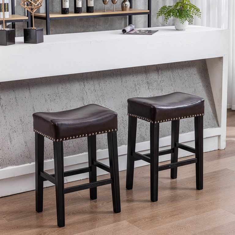 Gplesas Stable Barstool Solid Wood Legs Durable Barstools High Density Sponge Farmhouse Bar Stools Set Of 2 Cafe Kitchen Counter Brown 29