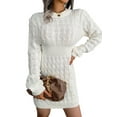 thumbnail image 2 of Casual Cable Knit Sweater Dress with Tie-Waist for Female, Autumn Winter Bodycon Tight Long Sleeve Tunic White L, 2 of 10