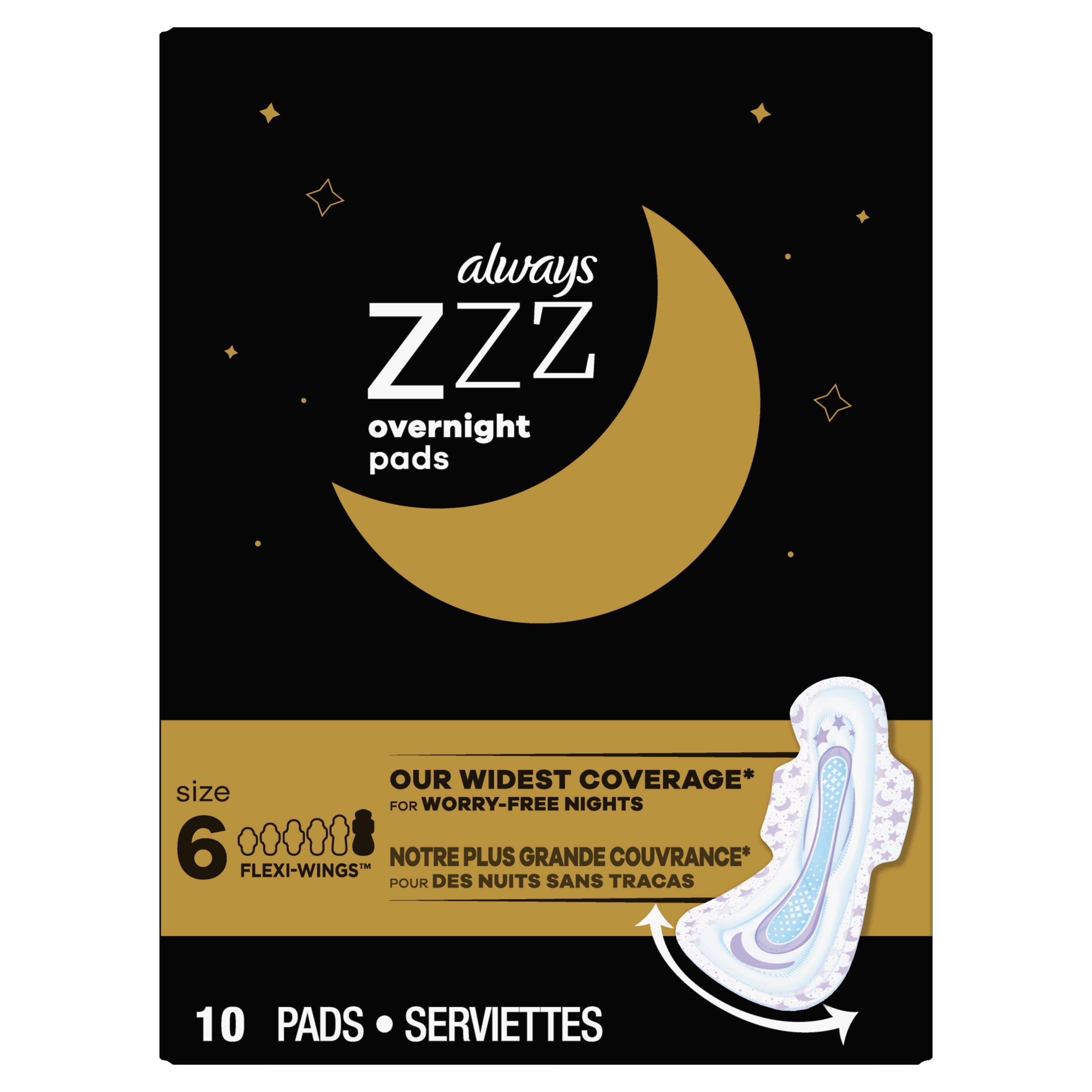 Always ZZZ Overnight Pads for Women, Size 6, Unscented with Wings, 10 Ct
