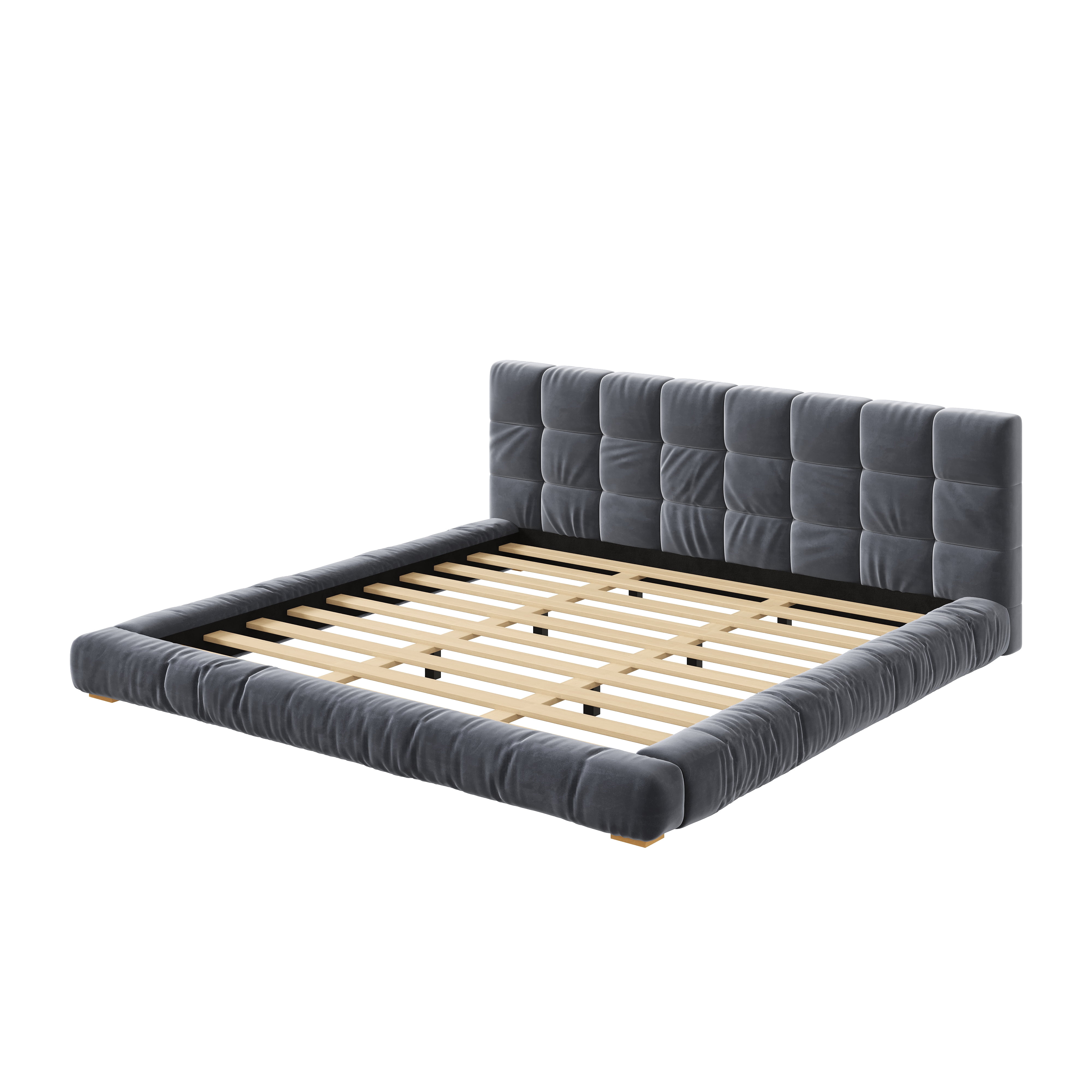 Euroco Velvet Upholstery King Size Platform Bed with Channel Tufted Headboard, Gray
