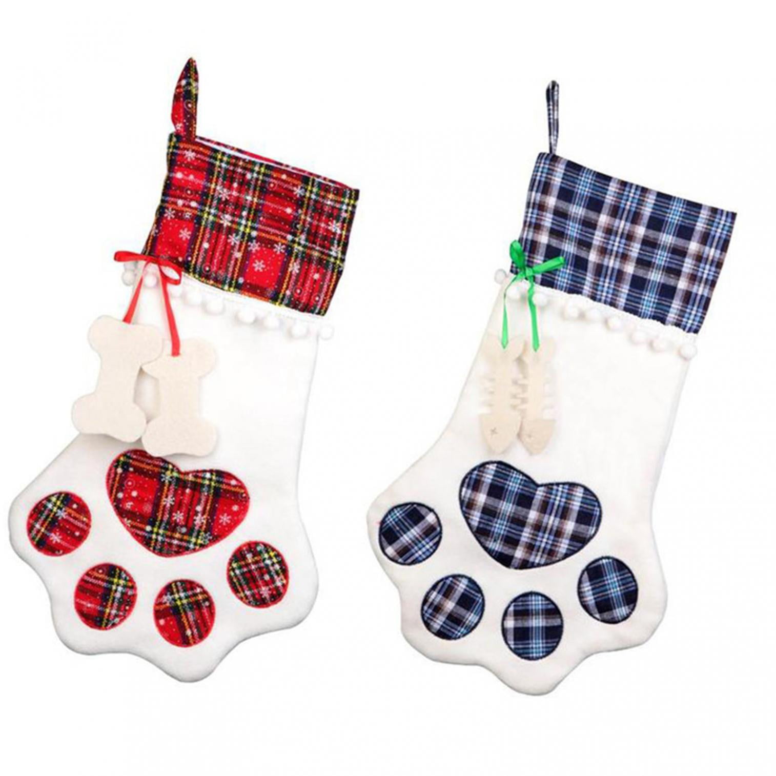 Pet Christmas Stocking Dog Paw Plaid Gift Bag Animal X-mas Stocking Candy Bags 