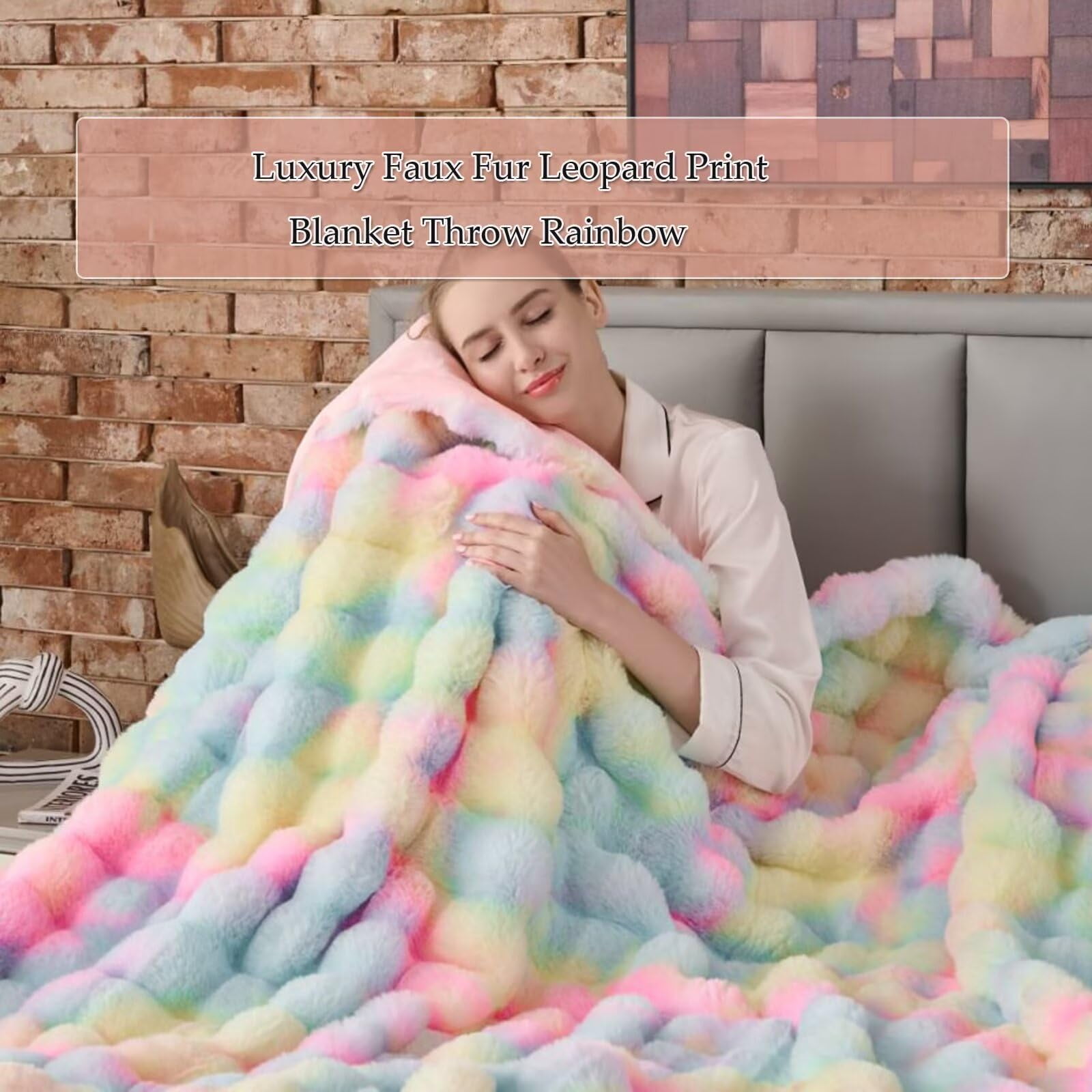 760GSM Faux Rabbit Faux Fur Throw Blanket,Super Thick Warm Bubble Blanket Throw,Fuzzy Luxury Plush Decorative Blanket for Couch Bed Sofa(Rainbow,80" x 90")