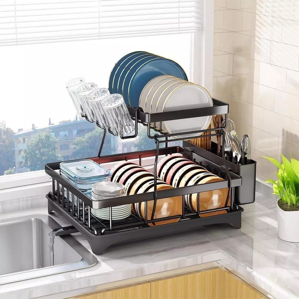 2-Tier Kitchen Dish Drying Rack with Drain Board, Carbon Steel Utensil Holder, Space-Saving Design for Plates, Cups & Cutlery