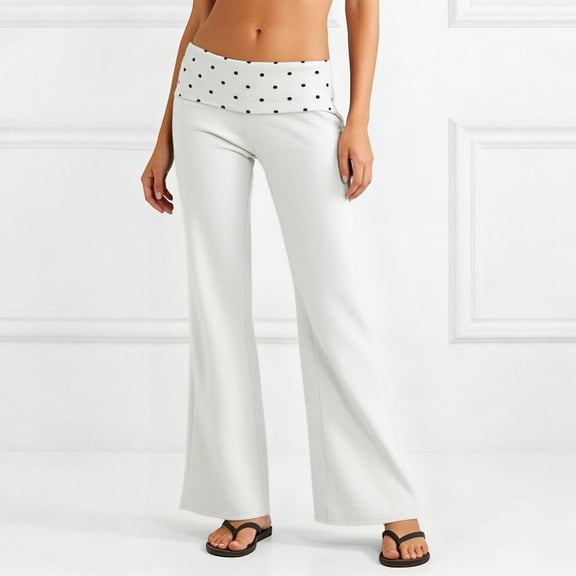 Women's Foldable Waist Pants – Polka Dot Wide Leg Trousers in S-XL, Stretchy Flared Bottoms with Adjustable Fit, Casual Daily Wear for Women