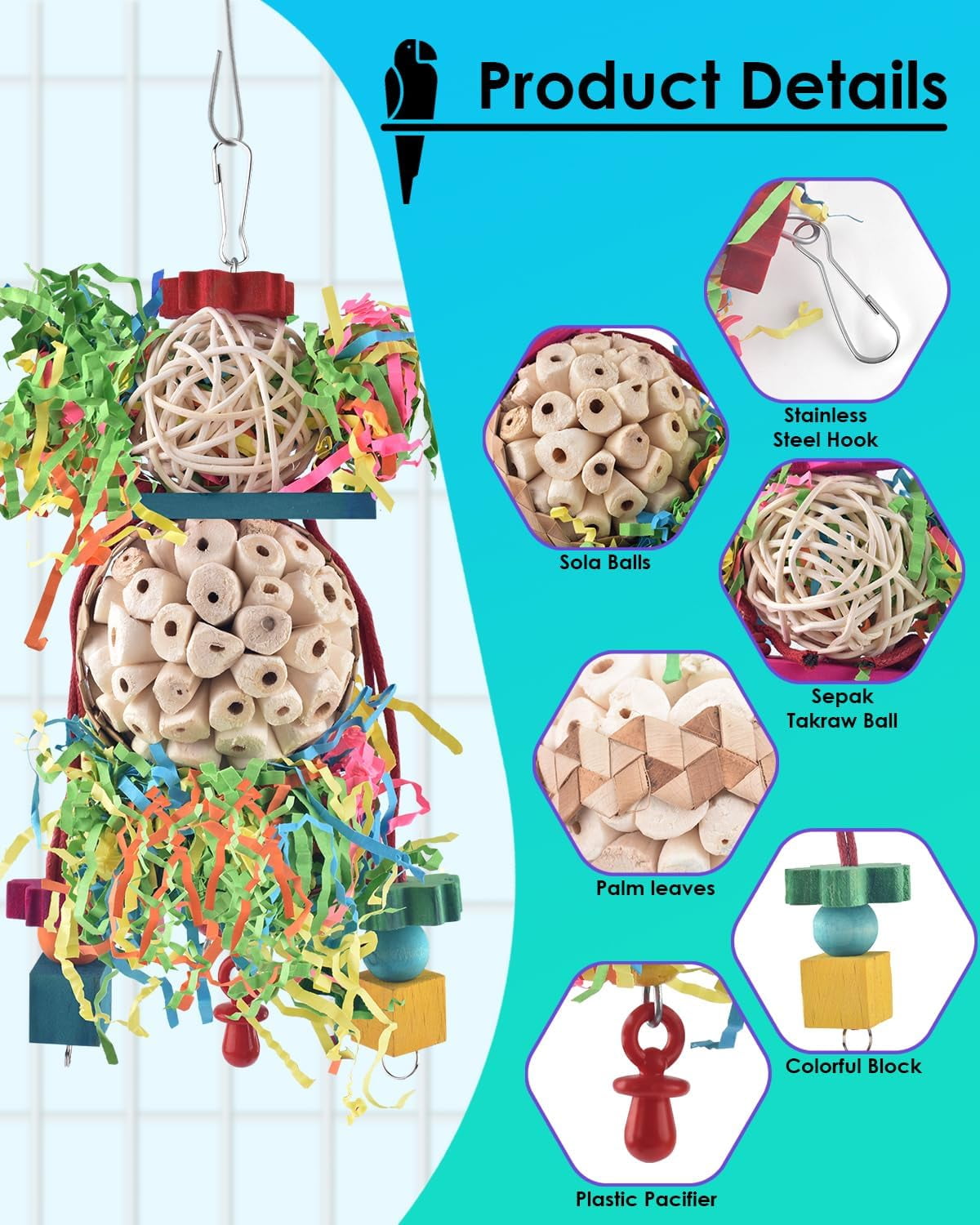 Bird Parrot Foraging Shredder Hanging Toys with Sola Balls and Pacifier