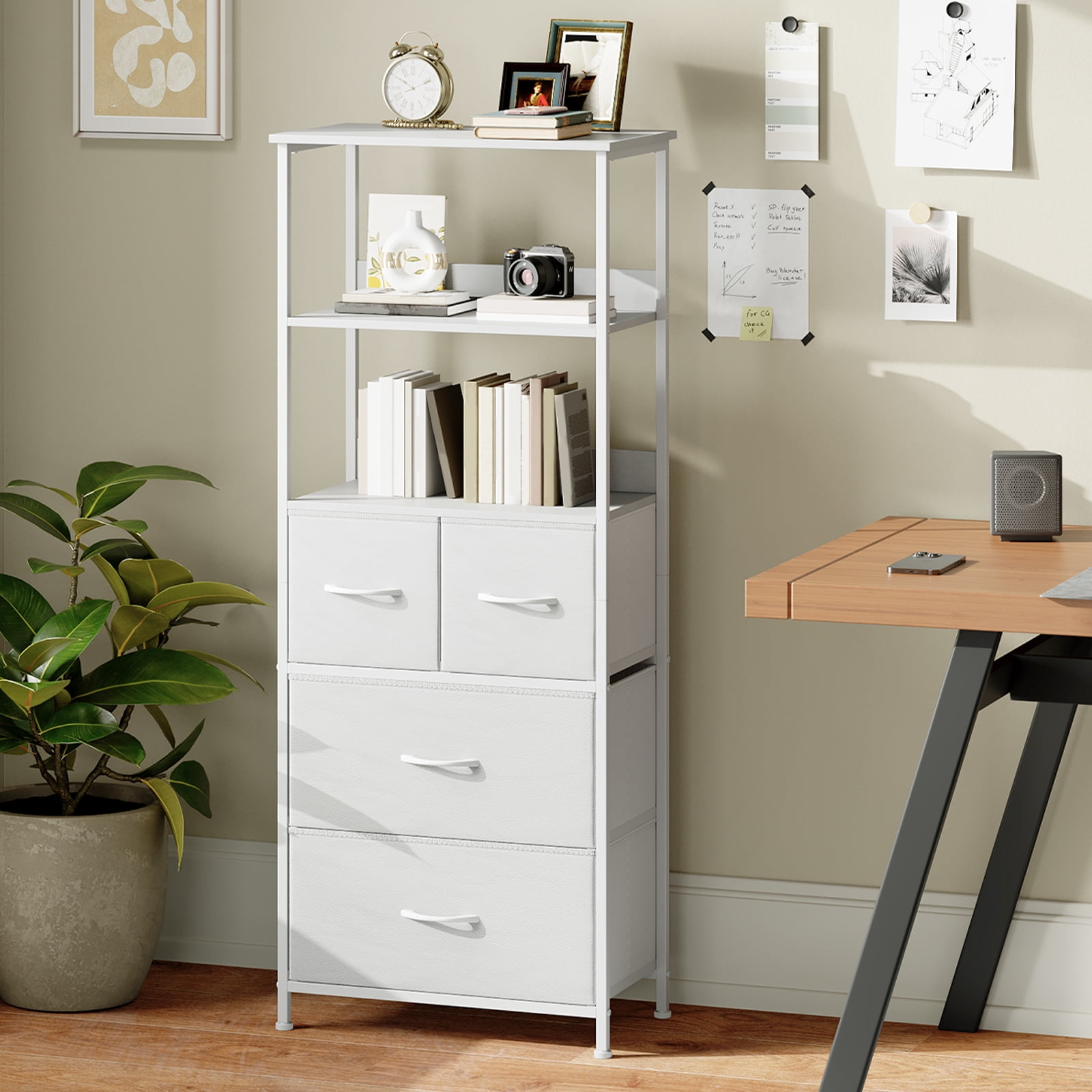 Eunos 6 Tier White Tall Bookcase with Drawers, 4 Removable Drawer Ladder Bookshelf, Bedroom Study