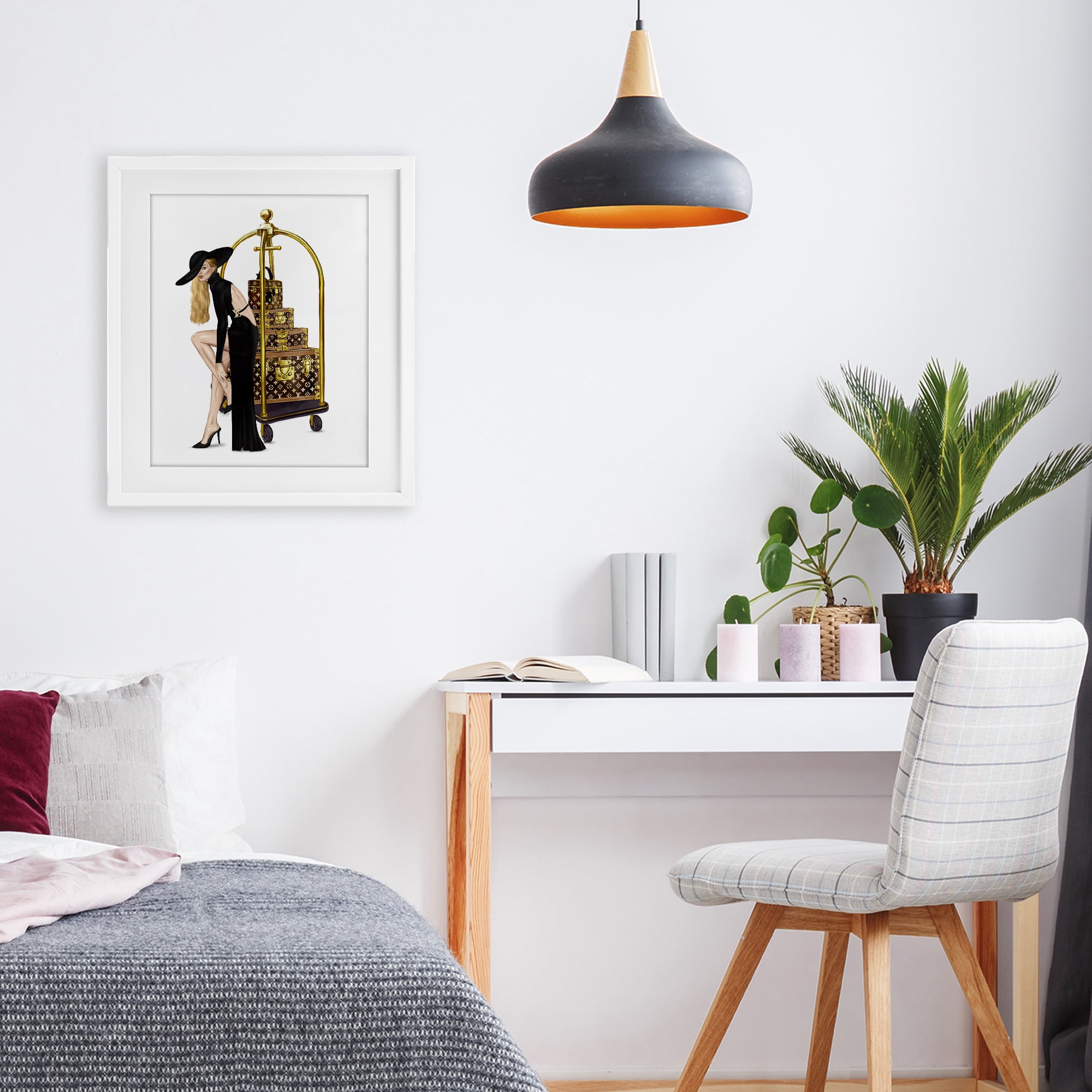 Fashionista with Hotel Luggage White Framed Print Under Glass, design by Ziwei Li