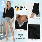 VDJ Womens 3/4 Sleeve Tops Striped Color Block Henley V Neck T Shirts Fashion Fall Tunic Elegant Black Tee Blouse Size XL