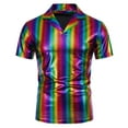 thumbnail image 2 of USNSM Men's Rainbow Color Glossy Hot Stamped V-Neck Lapel Disco Short Sleeve Solid Color T-Shirt Top Trendy Fashion Top Shirt Multicolor S, 2 of 9
