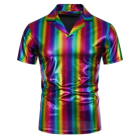 EOYWHK Dress Shirt for Men Casual Striped Shirts Slim Fit Button Down Short Sleeve Silk Satin Blouse Savings