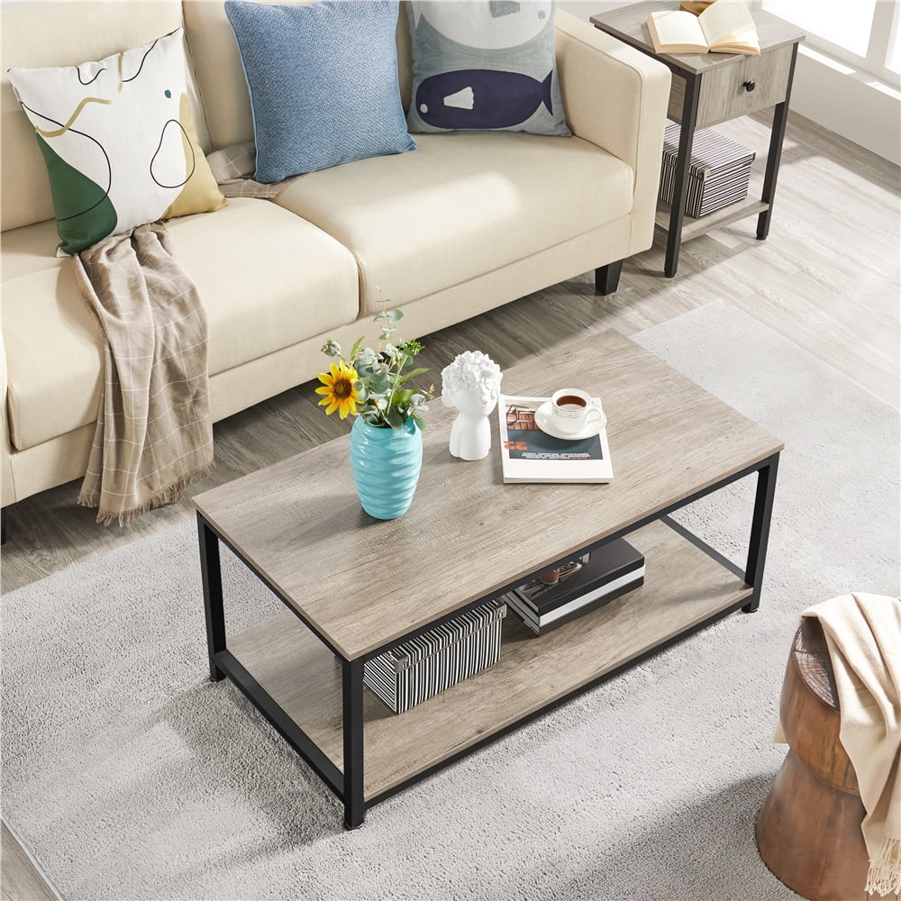 Alden Design Industrial Coffee Table with Storage Shelf for Living Room, Rustic Gray