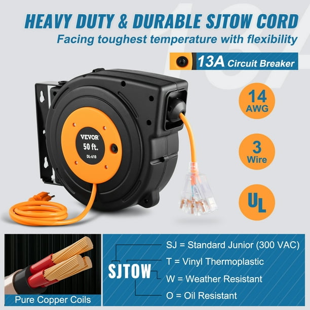 VEVOR Tuspuzz Retractable Extension Reel 50 Ft Heavy Duty 14AWG/3C Sjtow Power Cord with Lighted Triple Tap Outlet 13 Amp Circuit Breaker 180°
