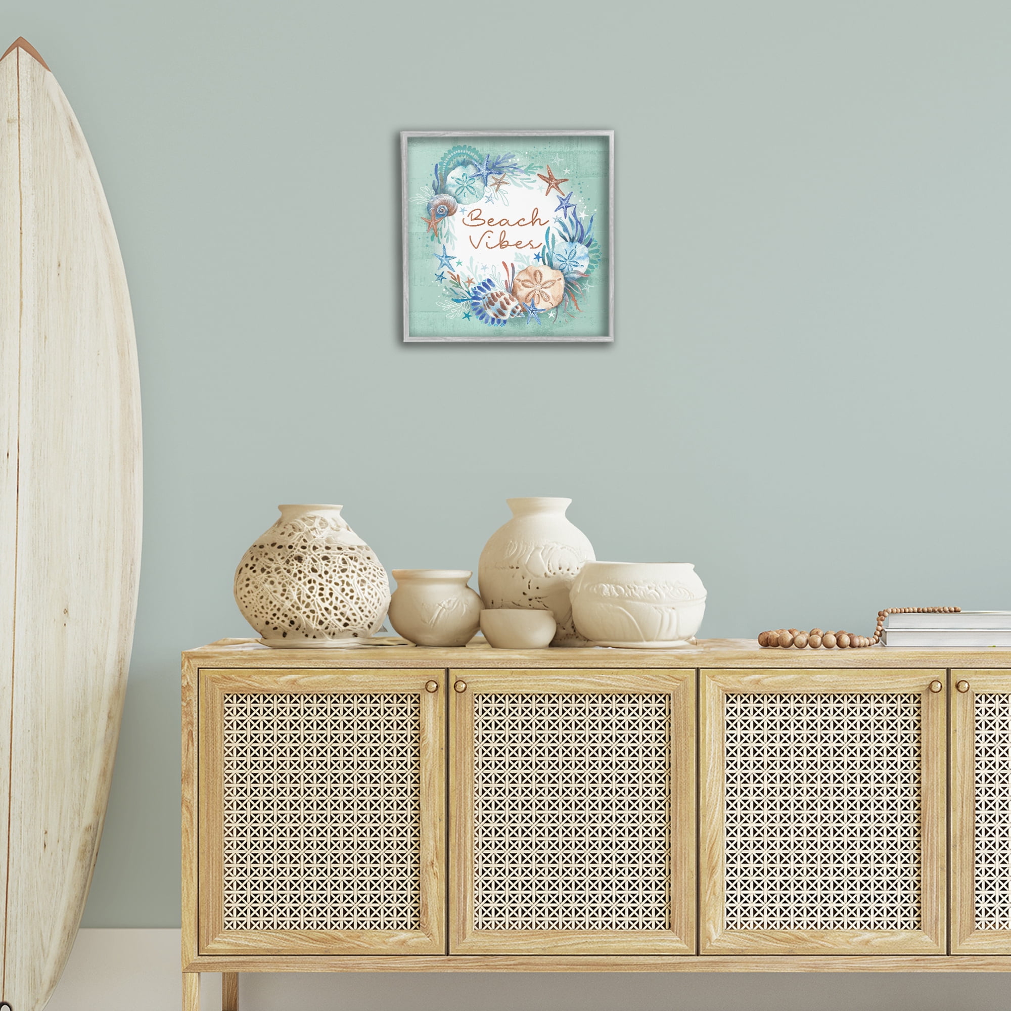 Stupell Industries Beach Vibes & Seashells Coastal Painting Gray Framed Art Print Wall Art, 17 x 17