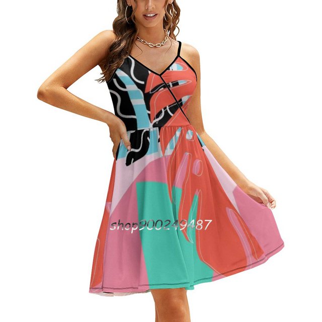 Robe Évasée Tropicale Motif Palmier / Abstrait Memphis Col Carré Robe Élégante Mode Féminine Imprimée Mi-Longue