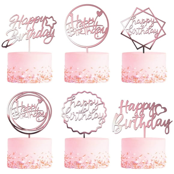 6-Pack Rose gold Birthday cake Topper Set, Double-Sided glitter, Acrylic Happy Birthday Sign cake Topperscupcake Toppers, Birthday Party Decorations Supplies for girls and Mom.
