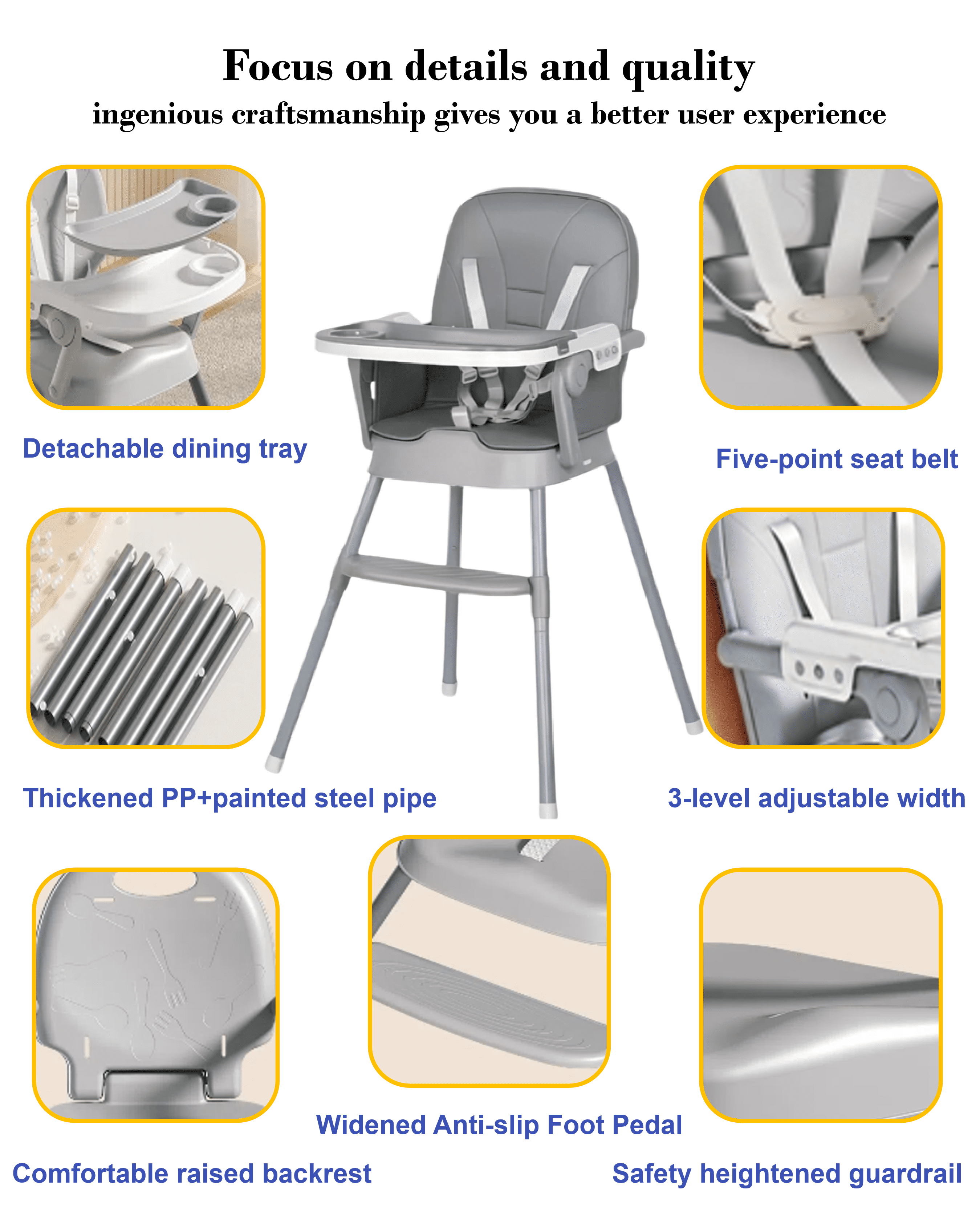 4 in 1 Portable Baby High Chair, Lightweight Toddler Booster Seat,Infant Feeding Chair, Easy Fold & Carry, Stable Design for Growing Baby,Grey
