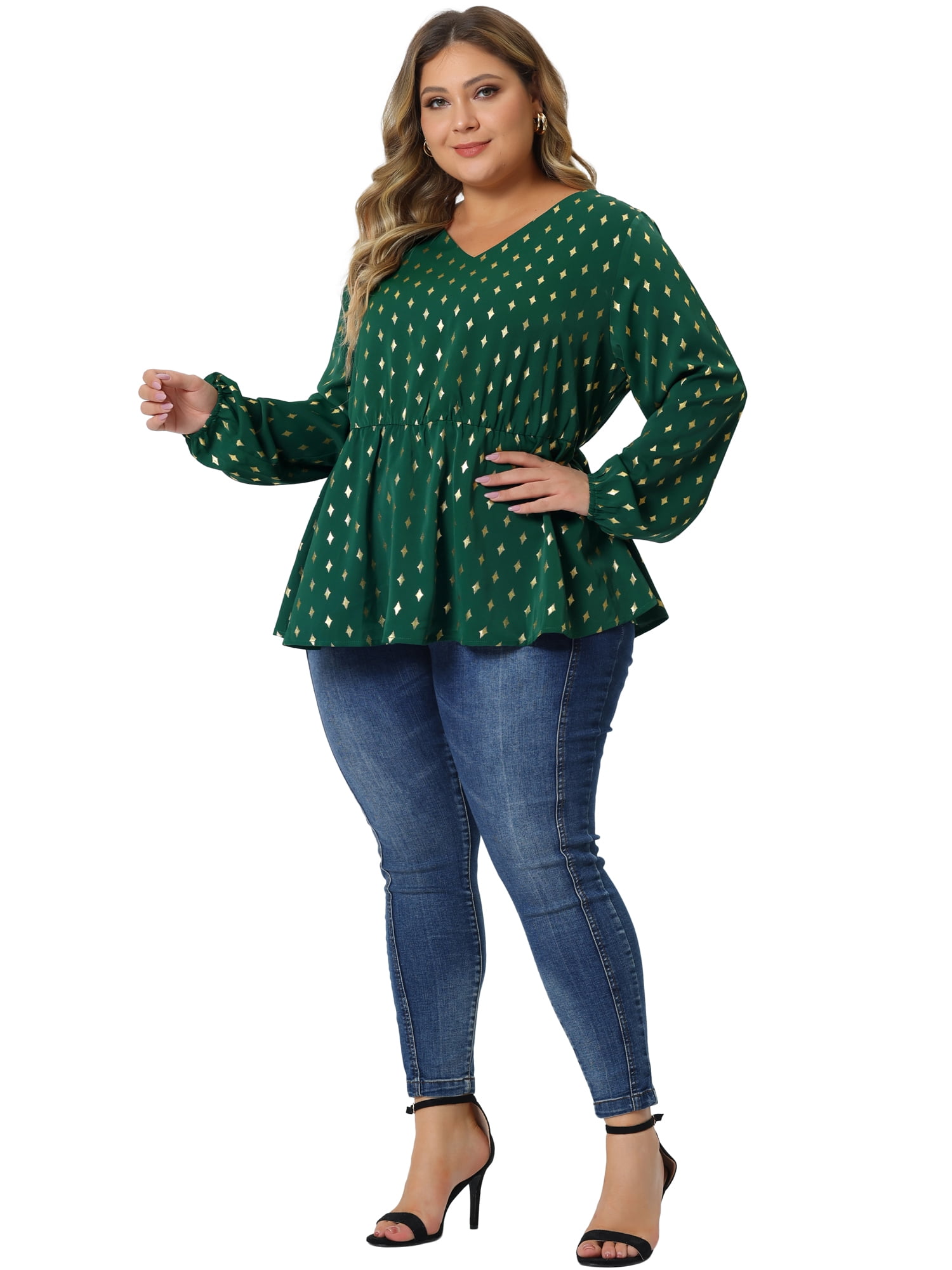 Women's Plus Long Sleeve V Neck Peplum Top Ruffled Elastic Waist Blouse 1X Dark Green