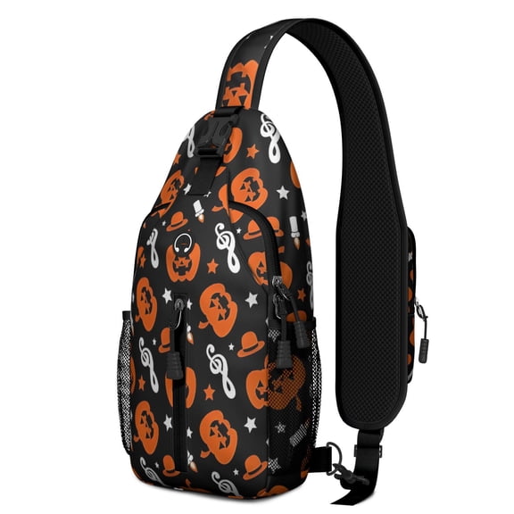 Sling Backpack,Musical Halloween Icons Pattern Crossbody Bag with Water Bottle Holder,Waterproof Sling Bag for Men/Women with Chest Phone Holder for Hiking,Travel