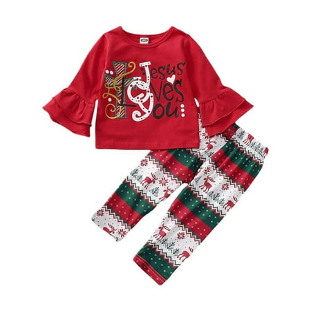 

Kids Baby Girls Christmas Outfits Set Xmas Custome Reindeer Pattern Sweatshirt Trouser Flare Sleeve Ruffled Pullover+Pants Sets