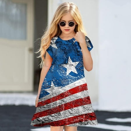 

Aayomet Flower Girl Dresses Independence Day For Children Toddler 4 Of July 3D Graphic Printed Girls Short Sleeve Kids Casual Navy 100