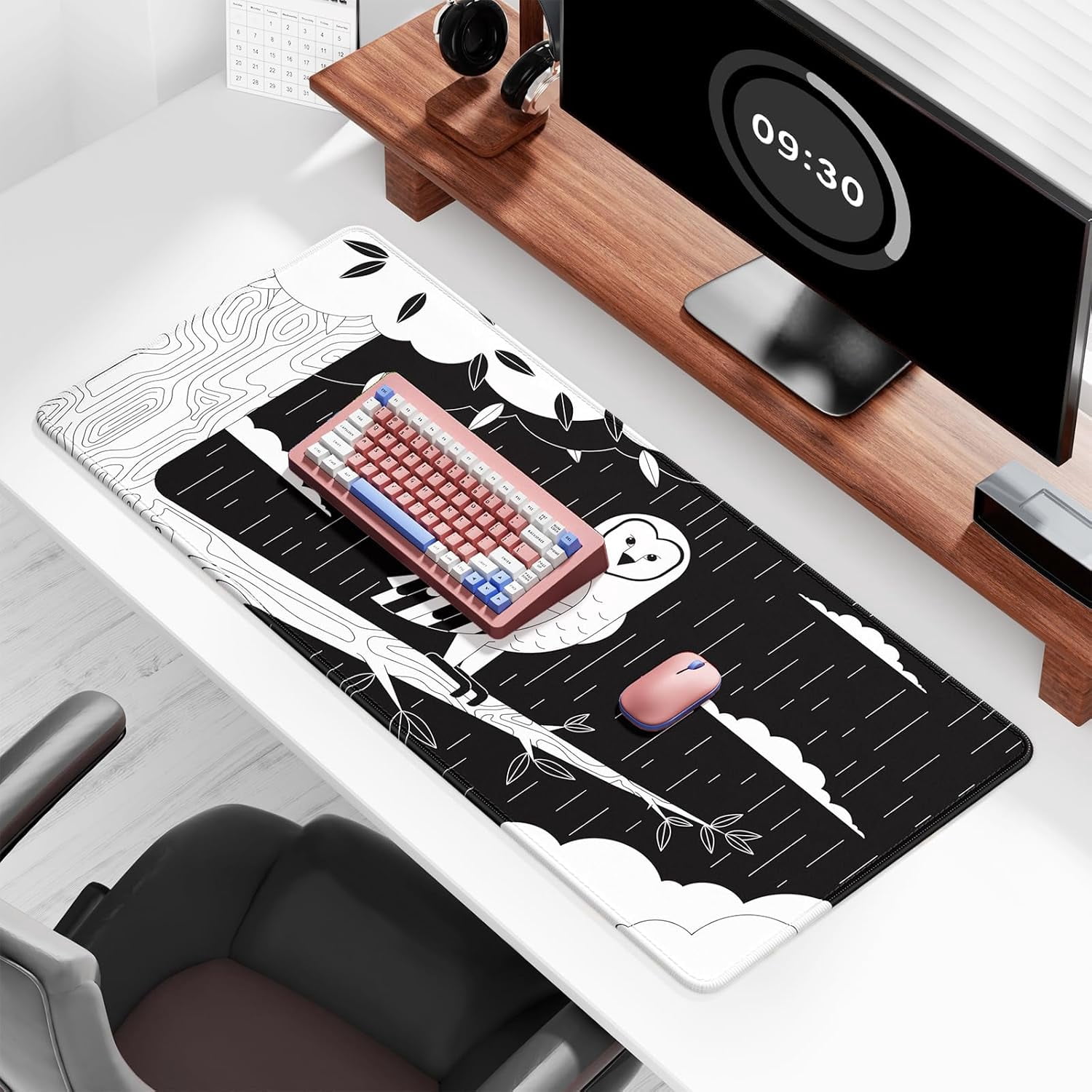 Ultra Large Gaming Mousepad, XXL Extended Full Size Desktop Matt for Keyboard, Laptop & Computer, 35.5 x 15.7 in, Gothic Black White Owl