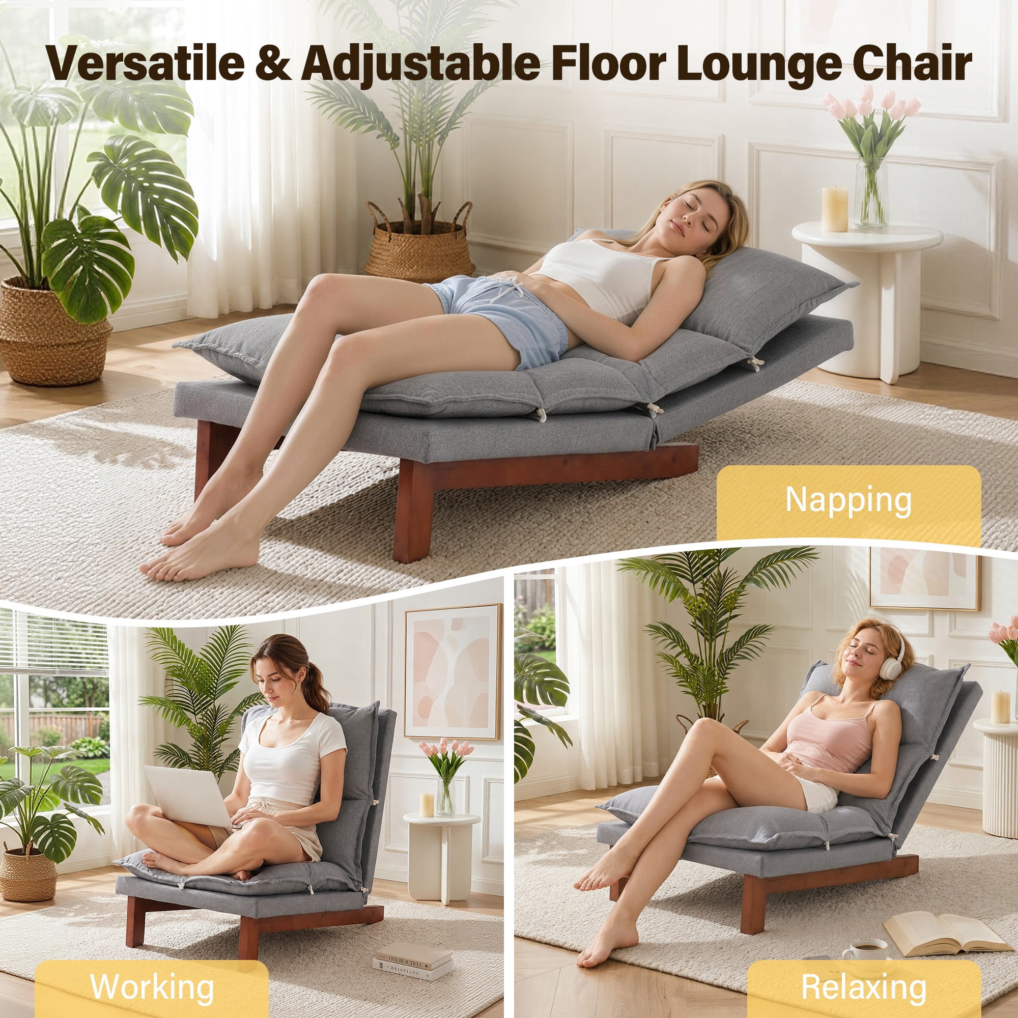 AENKYO 5-Position Adjustable Floor Lounge Chair, Gray Linen Tatami Recliner with Solid Wood Legs for Living Room