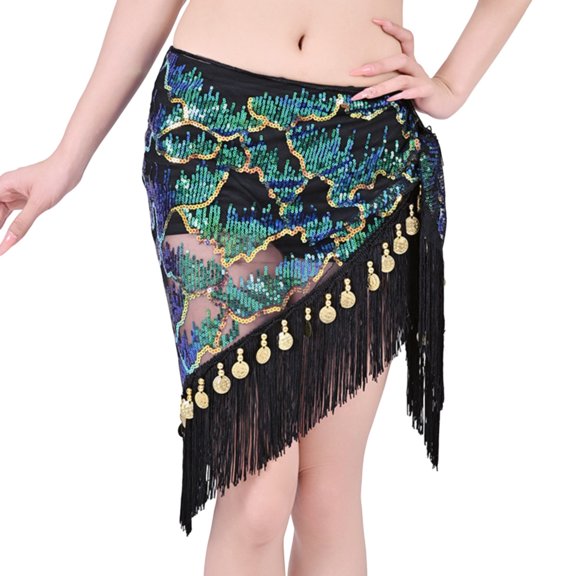 Xfvqtps Woman Sequin Dance Skirt Tassel Triangular Belt Belly Dancing Waist Towel Waist Chain Hip Towel Performance Skirt Green