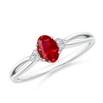 ANGARA Natural Solitaire Oval Ruby Split Shank Engagement Ring with Trio Diamonds in 14K White Gold for Women (Size-6x4mm) | July Birthstone, Anniversary, Jewelry Gift for Women | Natural Ruby Ring