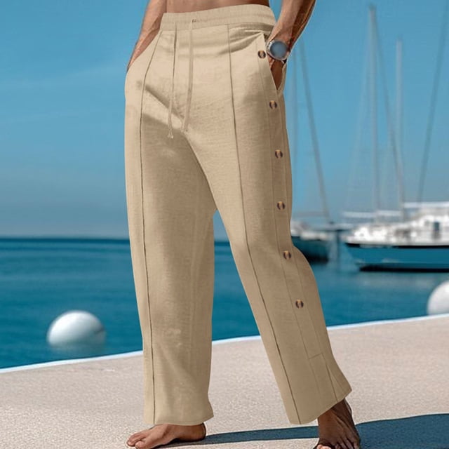 Pantalones largos para hombre, de color liso, informales, a la moda, con cordón, botones, ventilados, holgados, rectos, de poliéster.