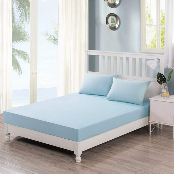 DaDa Bedding Soothing SeaFoam Sky Blue Cotton Fitted Bed Sheet w/Pillow Cases (JHW604)
