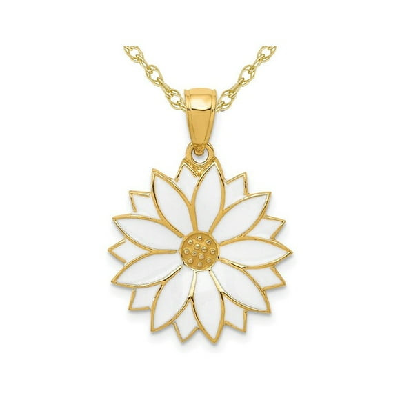 14K Yellow Gold White Enameled Daisy Flower Charm Pendant Necklace with Chain