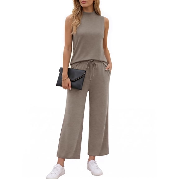MOYIKO 2 Piece Sets for Women Casual Summer Outfits Sleeveless Tops and Wide Leg Pants with Pockets Travel Vacation Lounge Sets