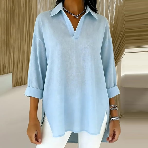 Women's Plus Size 3/4 Sleeve V-Neck Top, Elegant Lapel Casual Blouse with Side Slit, Loose Fit Tunic for Office Work, Everyday Wear and Casual Outfits Light Blue L