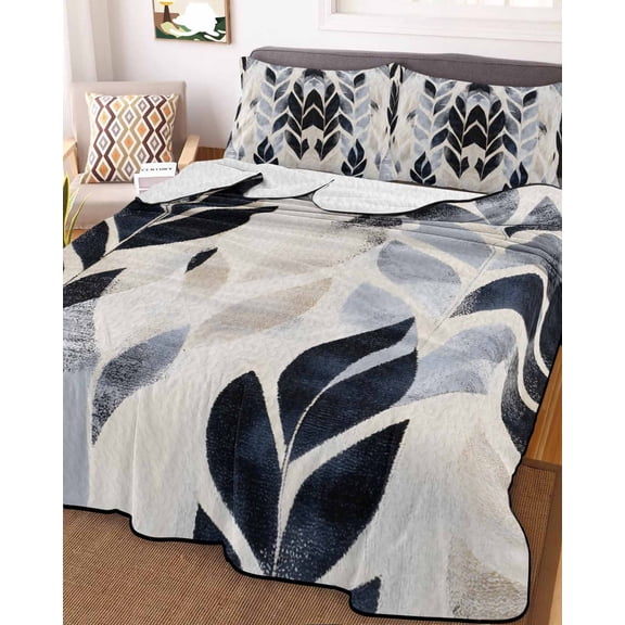 Navy Blue Botanical King Size Down Alternative Comforter, Lightweight Comforter Quilt Bedding Set with Pillow Shams Tropical Palm Leaves Retro All Seasons Bed Comforter Duvet Insert 96"x106"