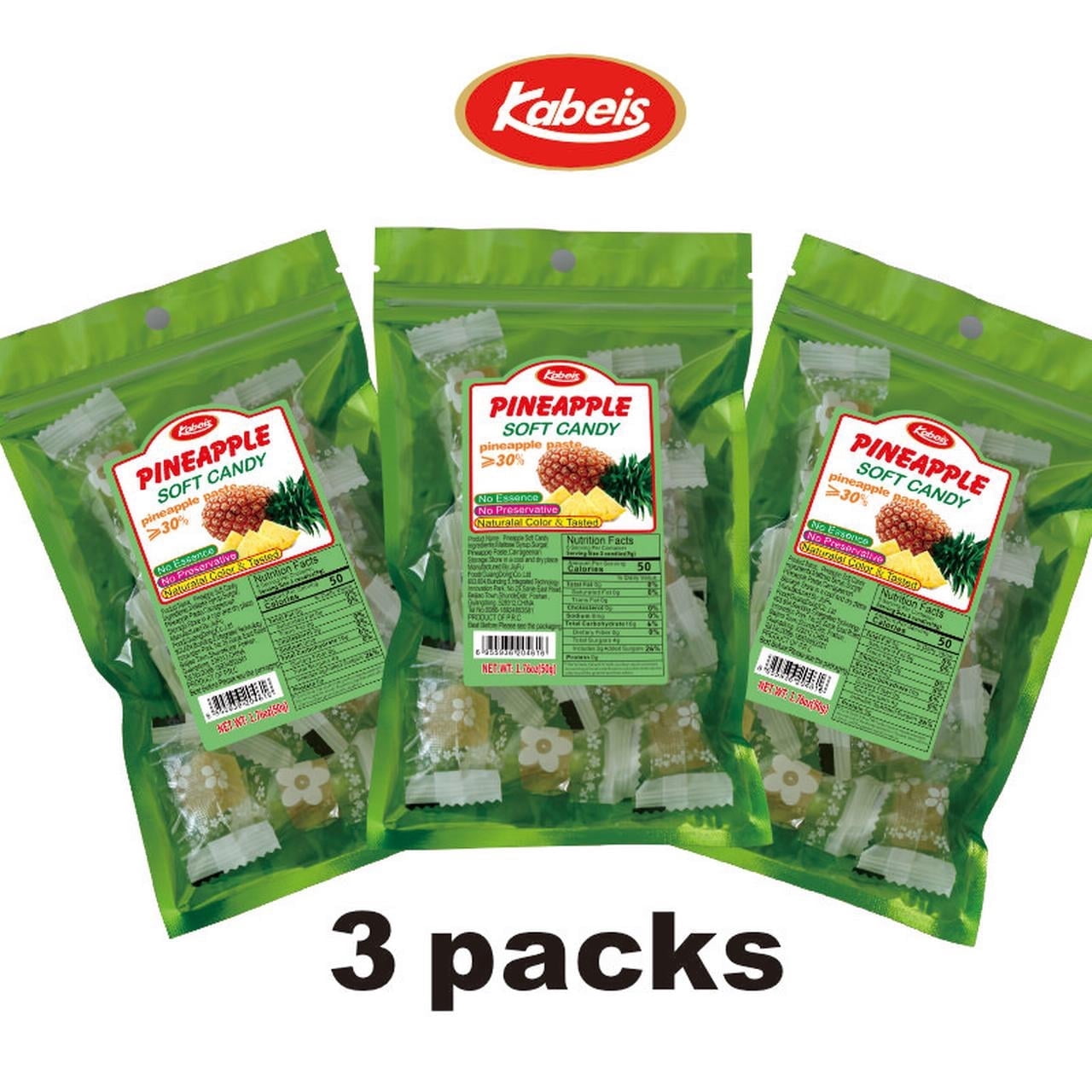 Kabeis Pinapple Flavored Chews Chewy Gummy Candy 1.76oz per bag,3 Bags