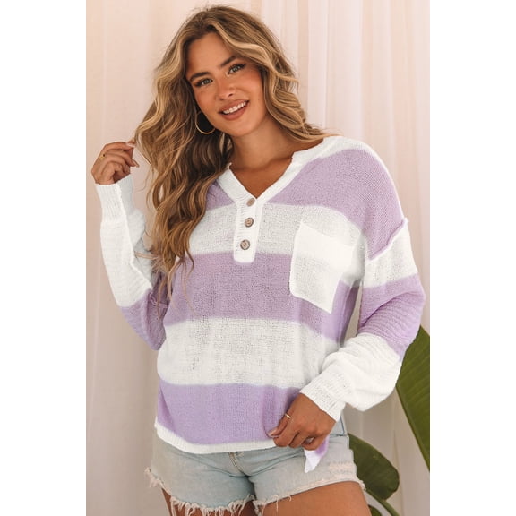 Redhotype Chic Pink Striped Sweater: Split Neck Button-Up, Evergreen Fashion
