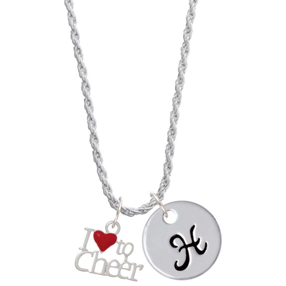 Delight Jewelry Silvertone I love to Cheer with Red Heart Silvertone Script Initial Disc - H - Charm Necklace, 20"+3"
