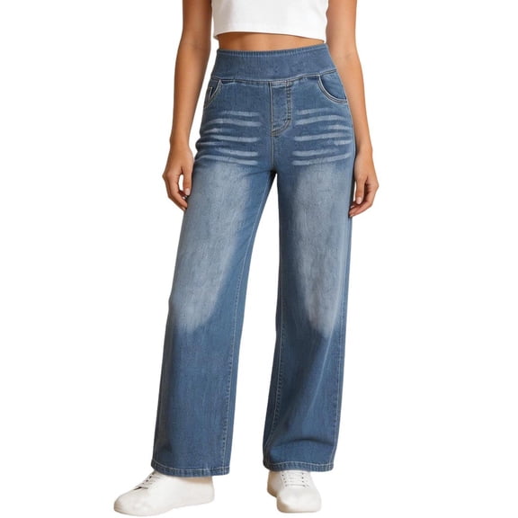 Ruimatai Women's Casual High Waist Wide Leg Jeans Stretch Denim Pocketed Trousers for All-Season Daily Wear