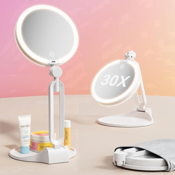 Travel Makeup Mirror with Lights, 1X/30X Magnification Double Sided Lighted Mirror, 3 Color Lighting & Stepless Dimming, 2000mAh Foldable Portable Mirror for Desk & Travel