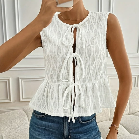 Xuyuer Women's Clothes Tie Front Tops Going Out Top Trendy Sleeveless Vest Shirts Women's Round Neck Sleeveless Slim Fit Y2k Tops Casual Summer Front Tie Knot Solid Color Tank Top