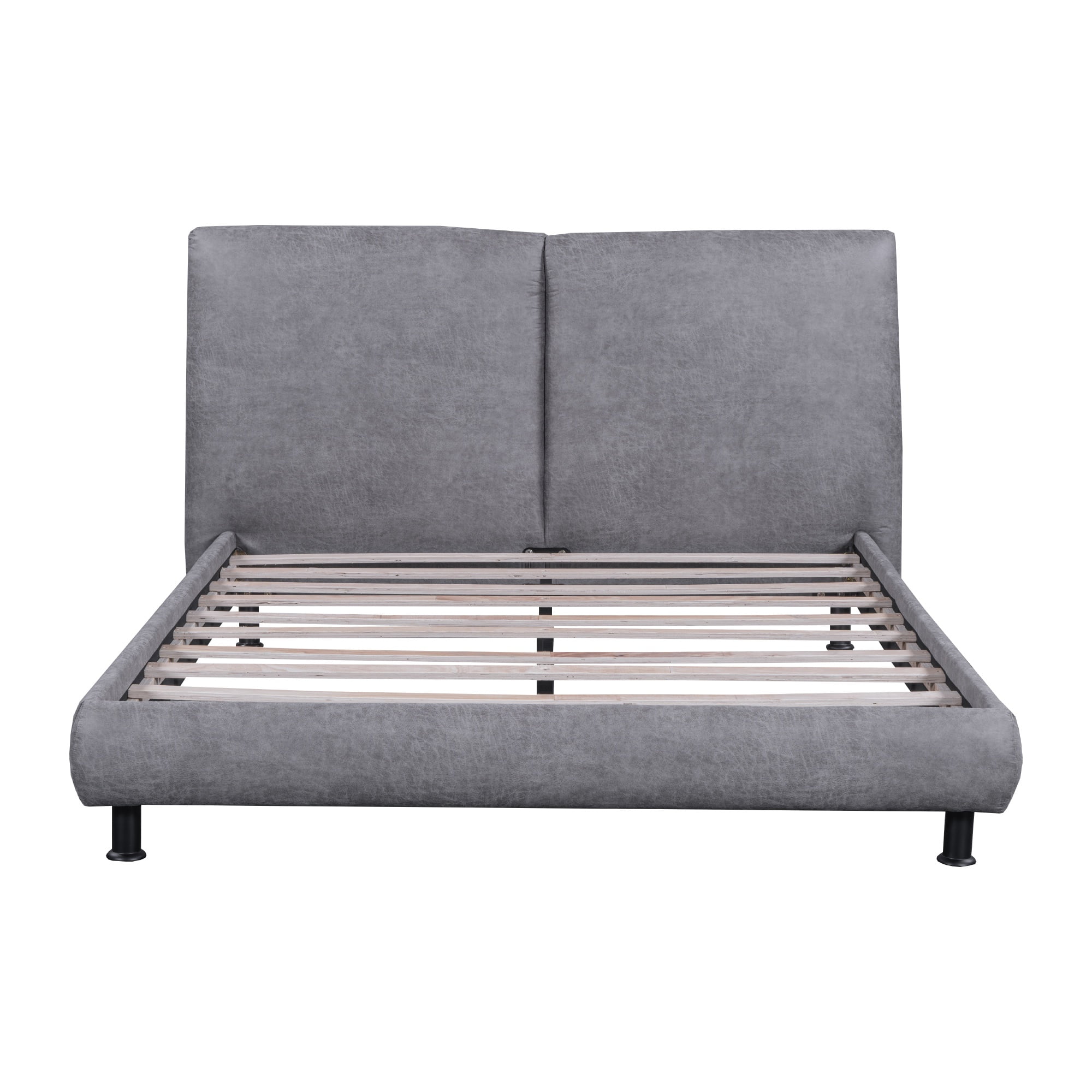 PORKISS Queen Size Platform Bed, Polyester Upholstered Platform Bed with Two Large Headrests, Modern Platform Bed with Thick Fabric, Classical Queen Bed for Bedroom, No Box Spring Needed, Gray