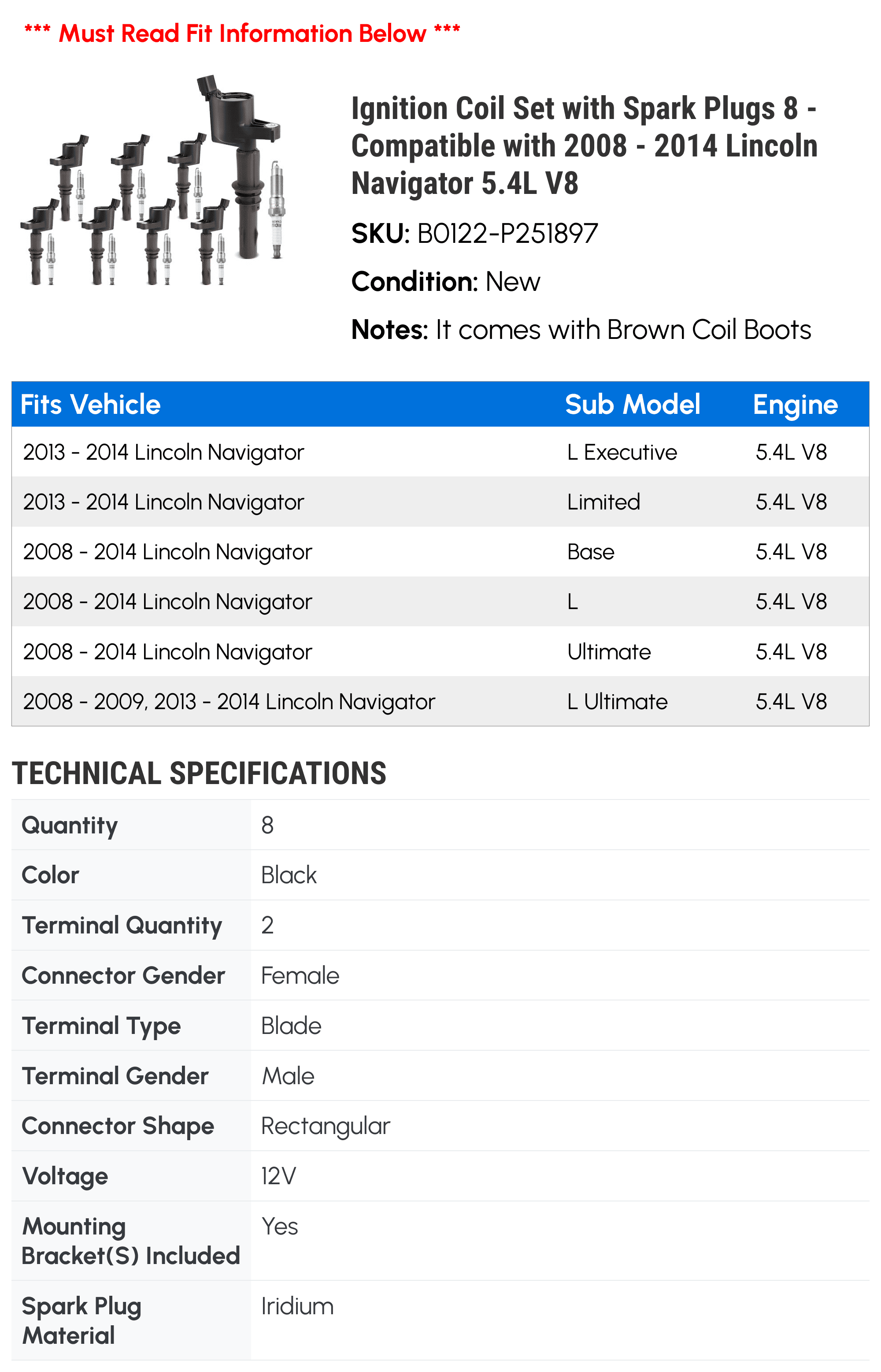 Ignition Coil Set with Spark Plugs 8 - Compatible with 2008 - 2014 Lincoln Navigator 5.4L V8 - Autopart Premium