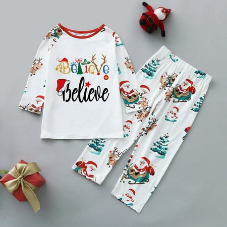 

ERTUTUYI Believe Santa Claus Elk Loungewear Family Matching Pajamas Set Women Men Kids Baby Christmas Sleepwear White 6