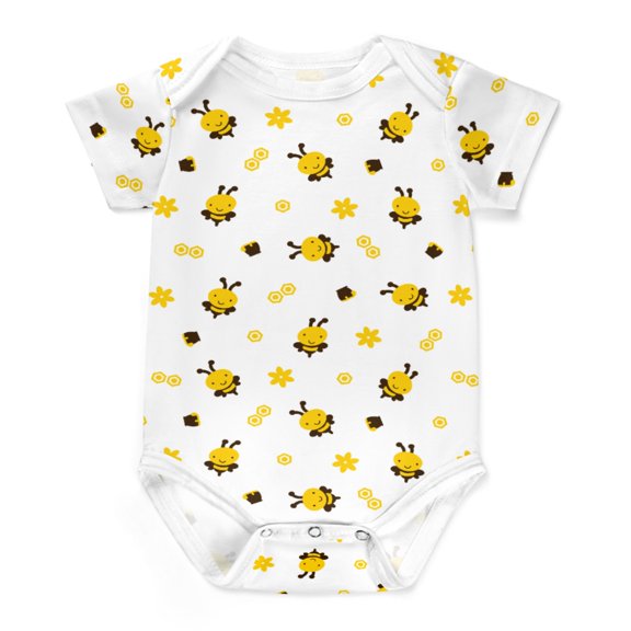 Baby Cartoon Bees Honey Floral Bodysuit Yellow Bumblebee Honeycomb Onesie Bodysuit Short Sleeve One-Piece Baby Clothes for Girl Boy