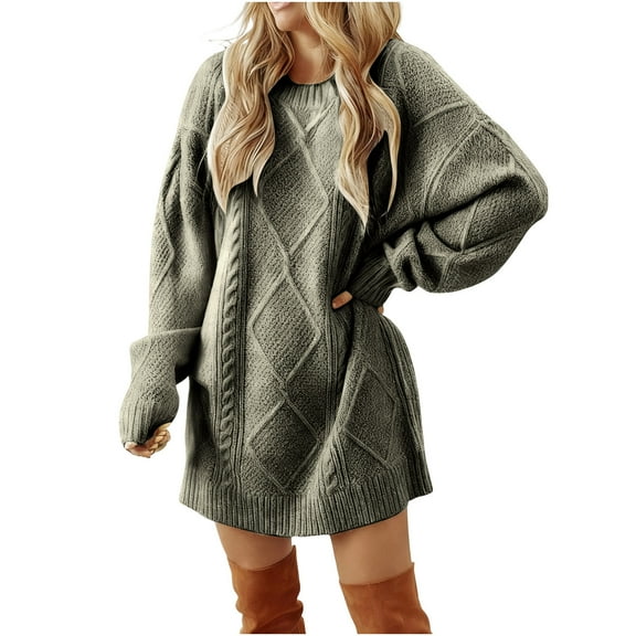 Womens Sweater Dress Long Sleeve Loose Crew Neck Cable Knit Pullover Tunic Mini Sweater Dresses Fall Winter Outfits