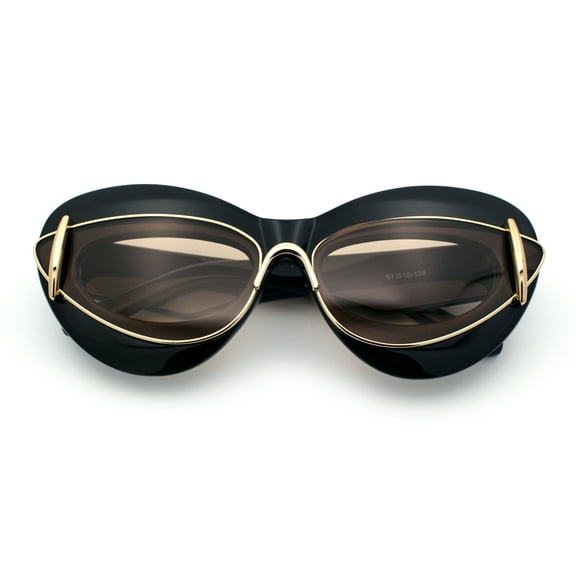 Womens Thick Plastic Cat Eye Double Metal Rim Mod Retro Fashion Sunglasses Black - Beige