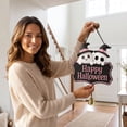 thumbnail image 7 of Kdkad Halloween Welcome Sign for Front Door, Ghost Wooden Wreaths with Hanging Chains for Halloween Decorations Outdoor, Pink Black Halloween Wall Decor for Halloween Party Supplies, 7 of 7