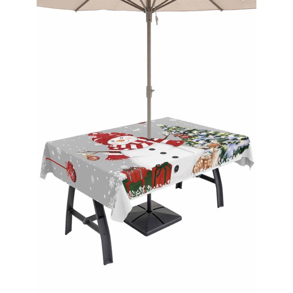 Outdoor Tablecloth with Umbrella Hole and Zipper, Grey Christmas Rectangle Table Cloth 52x70 Inch Waterproof Tablecloth, Snowman Xmas Balls Pine Needle Tree Picnic Table Cover for Patio Camping