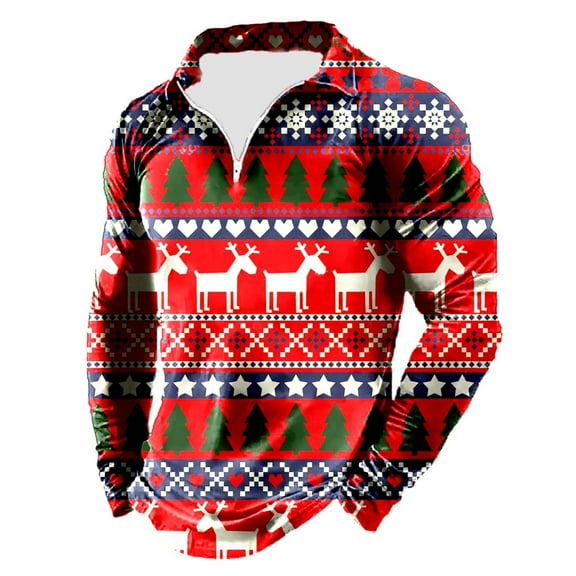 Mens Golf Polo Shirts Christmas Stand Up Collar Printed Half Zip Long Sleeved Mens Casual Shirts,Watermelon Red,3XL